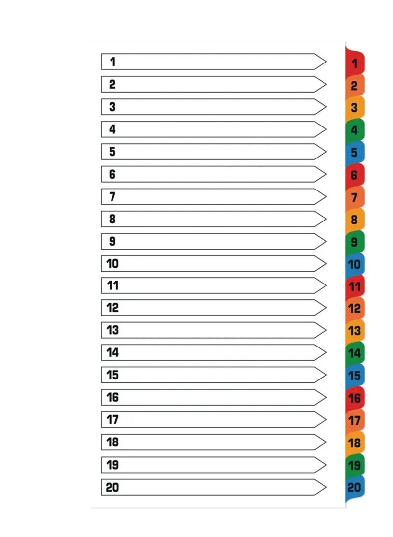 MylarPaper File Divider Tabs With Twenty Divisions With Number Multicolour - Image 1